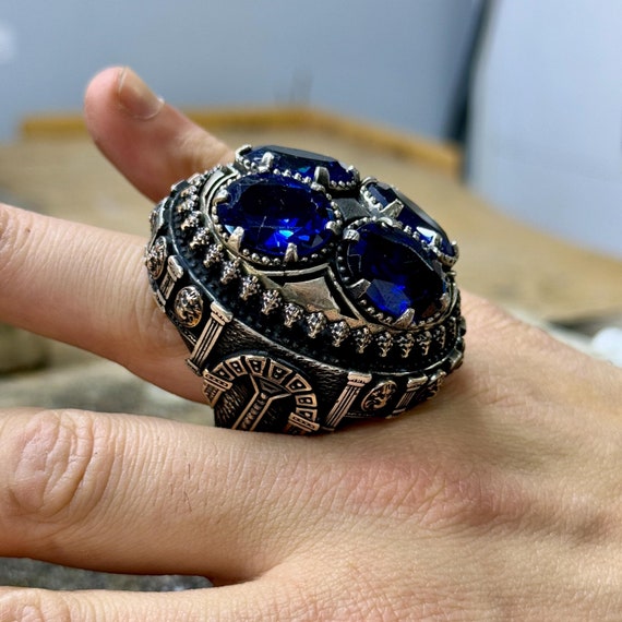 Anillo de piedra de zafiro oscuro 925 para hombre, anillo de