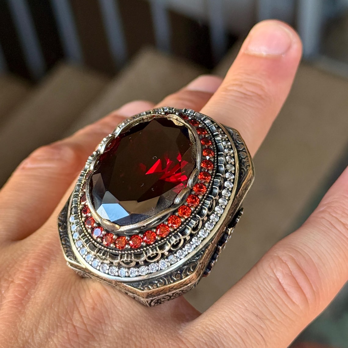 925 Sterling Silver Large Ruby Ring, Bold Dark Large Ruby Ring, Mens ...