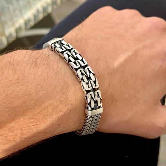 アクセサリー PJ CHAIN BRACELET - SILVER Men's 925 Sterling Silver King Chain Bracelet, Byzantine Chain and