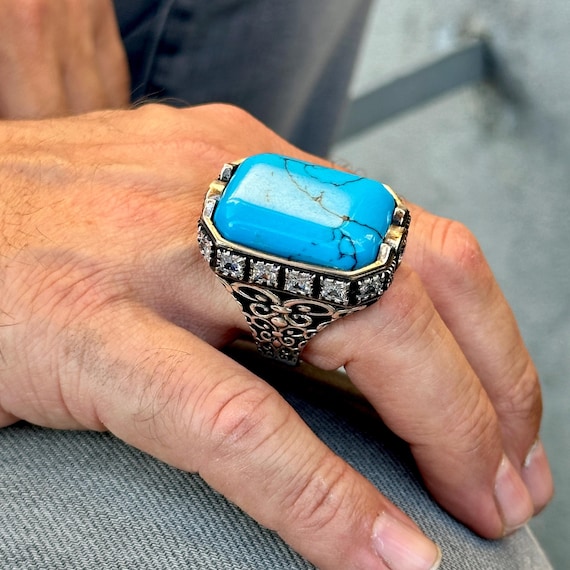 Men Silver Large Turquoise Ring Handmade Square Turquoise Ring - Main Image