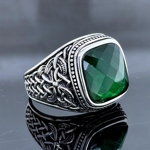 Men Silver Green Emerald Ring, Square Vintage Men Ring, Handmade