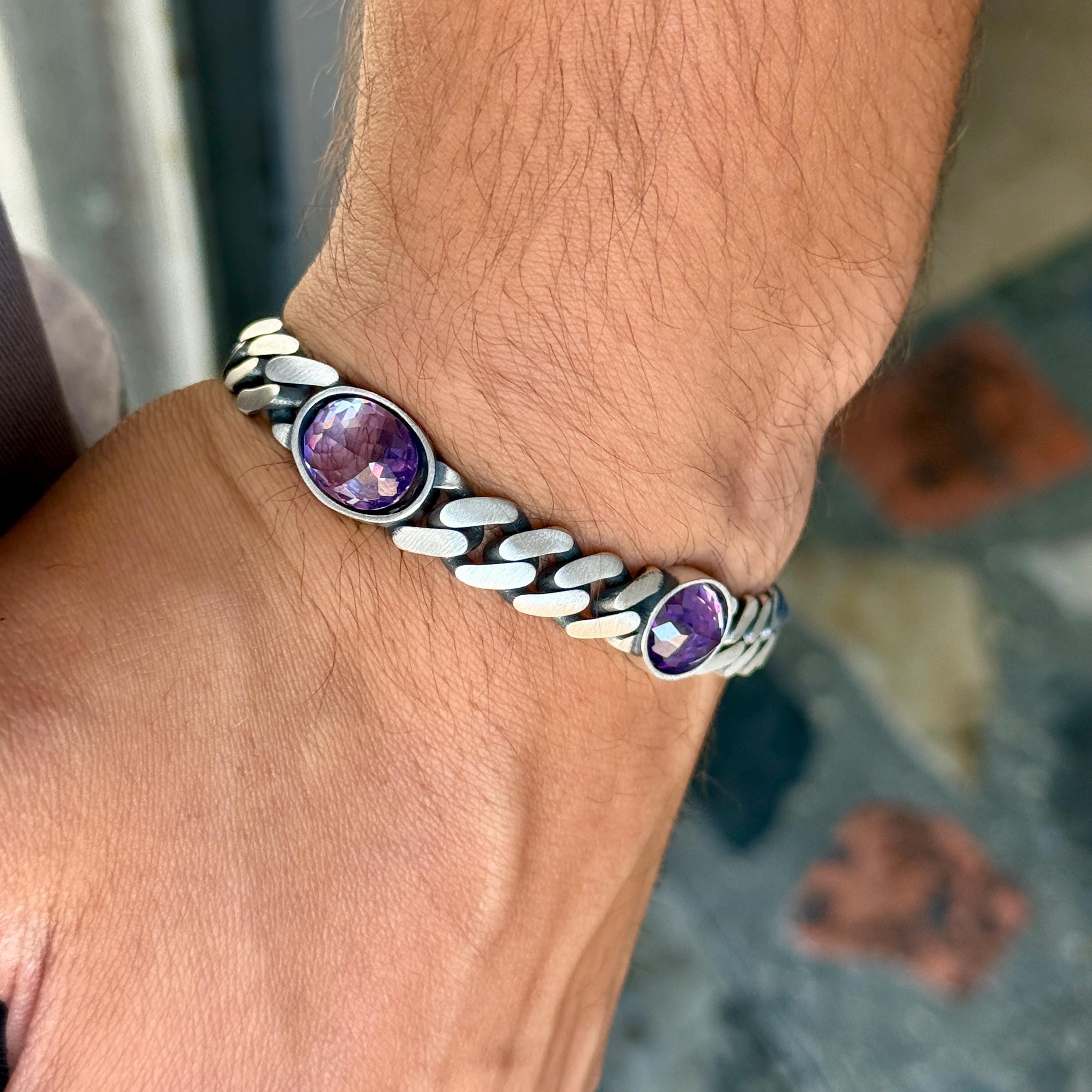 Solid Silver Amethyst Curb Chain Bracelet, 10MM Cuban Link Chain