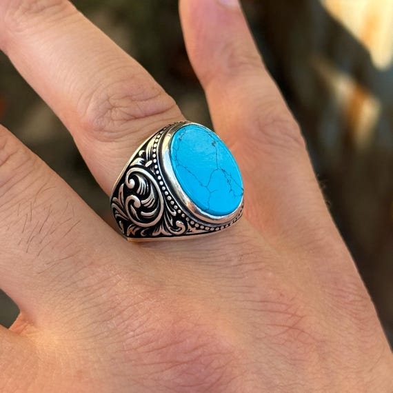 Silver Natural Turquoise Ring, Engraved Mens Handmade Ring