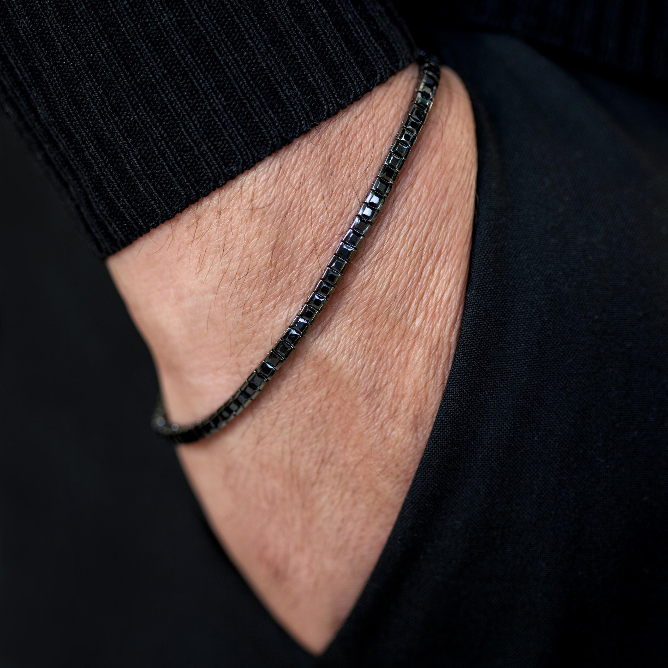 Silver Minimal Square Diamond Bracelet, Elegant Black Moissanite Bracelet, Mens Black Diamond Bracelet, Perfect Men Gift, 925 Silver