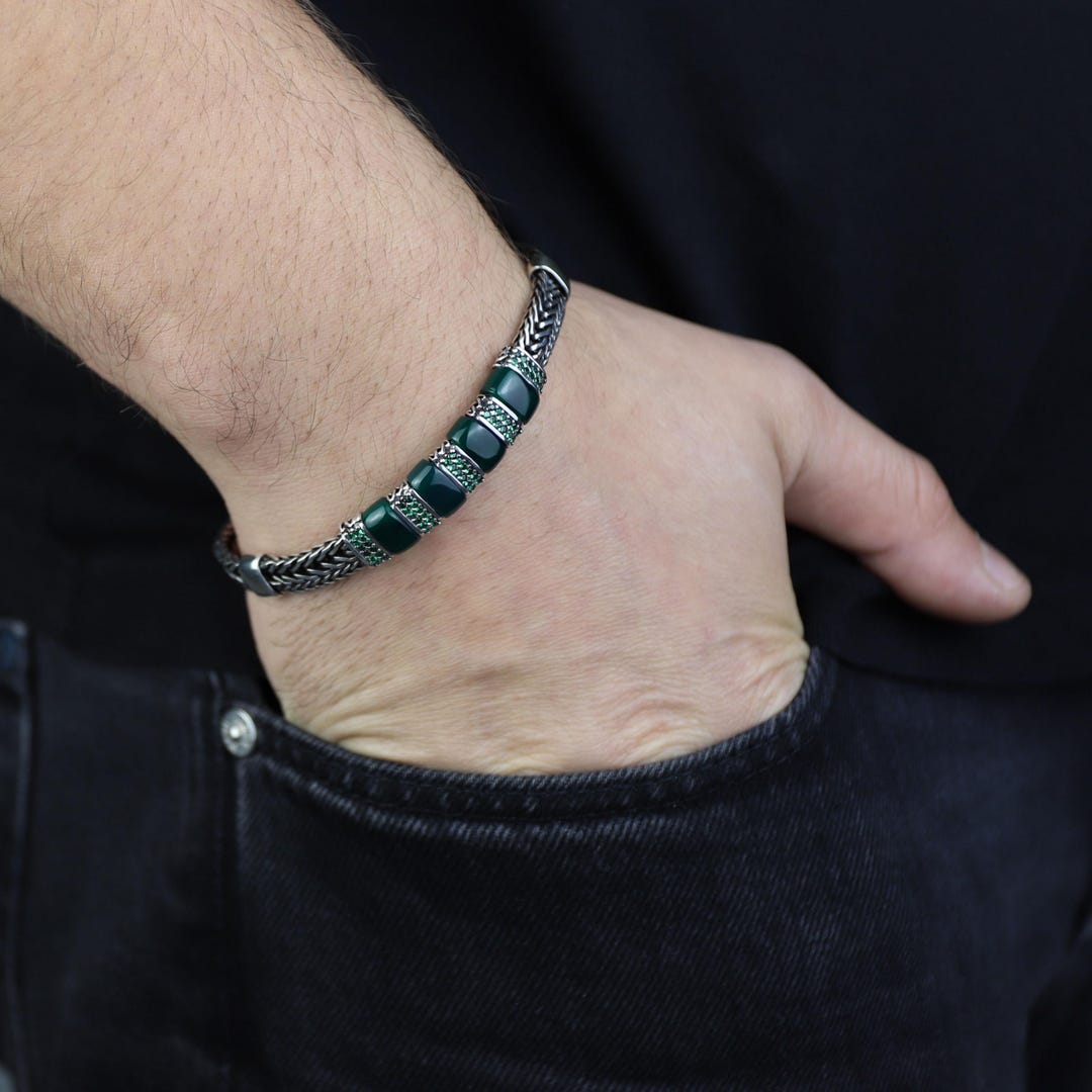 925 Silver Chain Bracelet, Emerald Green Stone Chain Bracelet