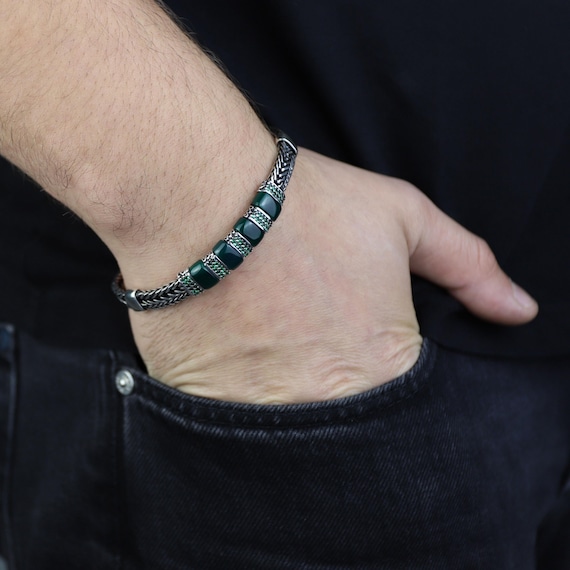 925 Silver Chain Bracelet, Emerald Green Stone Chain Bracelet