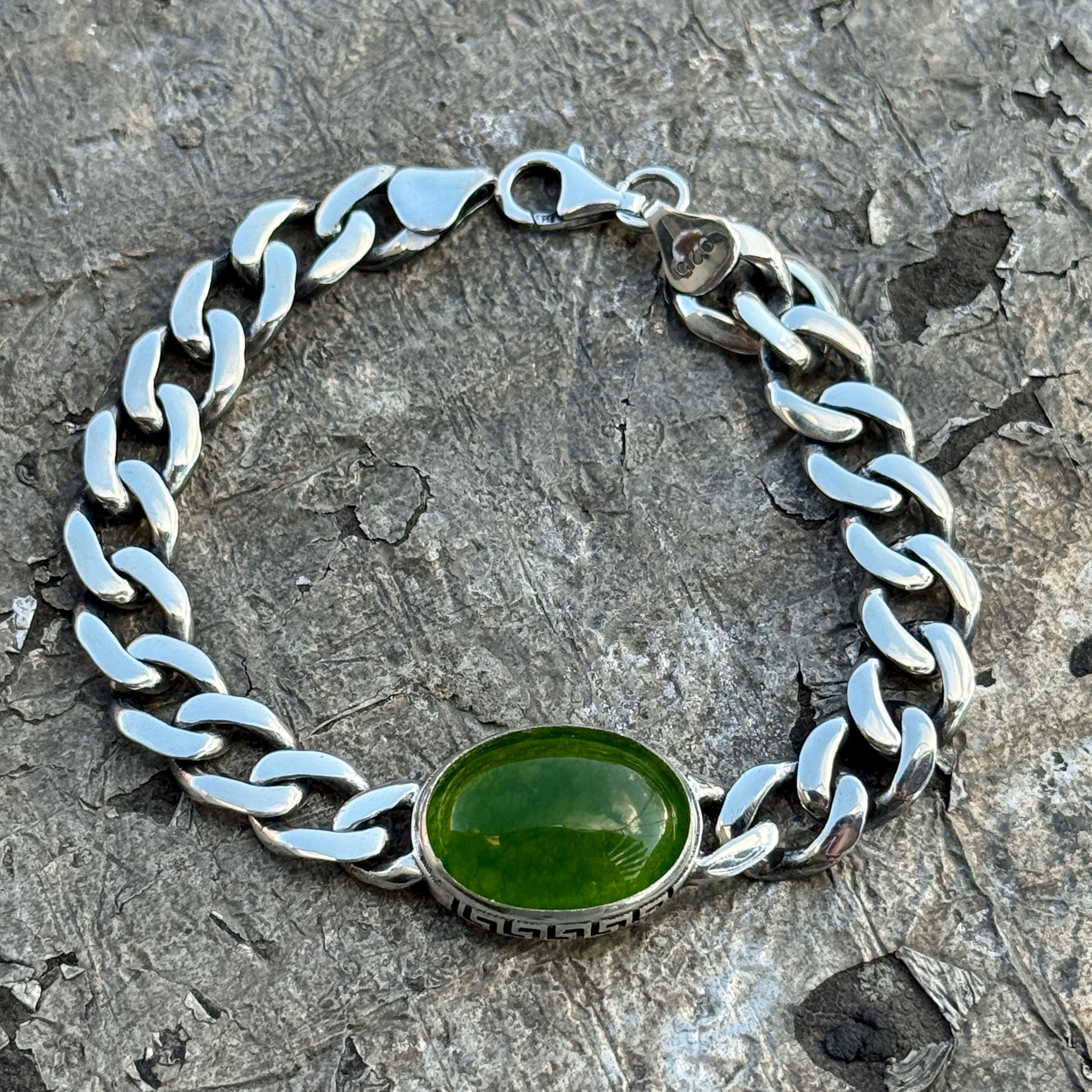 Silver Jade Stone Curb Chain Bracelet, Men 10MM Curb Bracelet