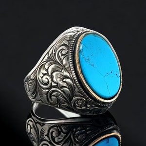 Men Handmade Silver Turquoise Ring , Oval Handmade Turquoise Ring ,  Natural Gemstone Ring , 925k Sterling Silver Ring , Gift for Him