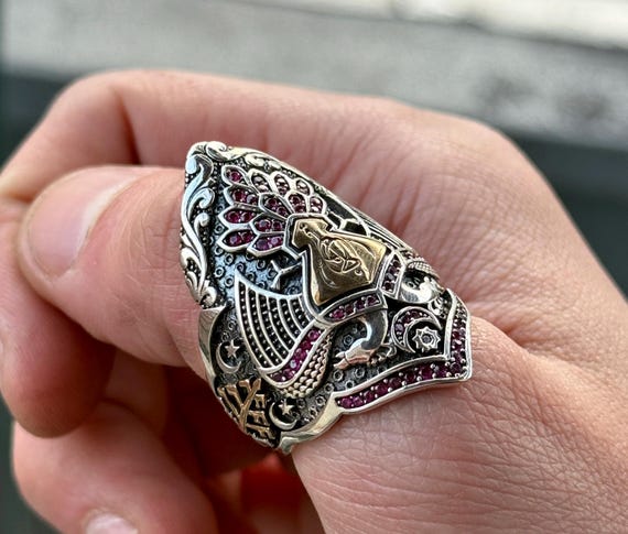 Silver Thumb Archer Ring, Silver Zihgir Ring, Ruby Stone Zulfiqar