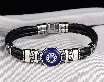 Silver Handmade Bracelet , Silver Leather Evil Eye Bracelet , Blue Sapphire Stone Bracelet , Greek Style Bracelet , 925k Silver Bracelet