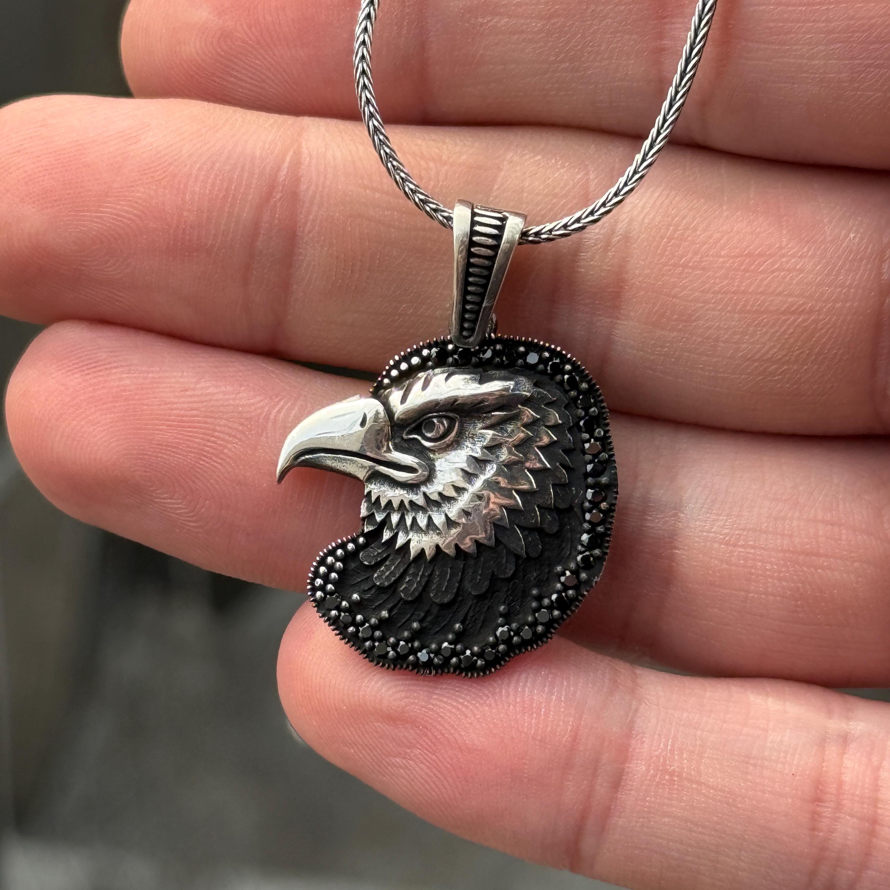 Silver Eagle Necklace, Black Stone Eagle Pendant, Wild Eagle Men