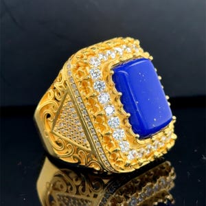 Silver Natural Lapis Ring, 14K Gold Lapis Ring, Large Men Lapis Gemstone Ring, Moissanite And Lapis Stone Ring, Silver Handmade Men Ring