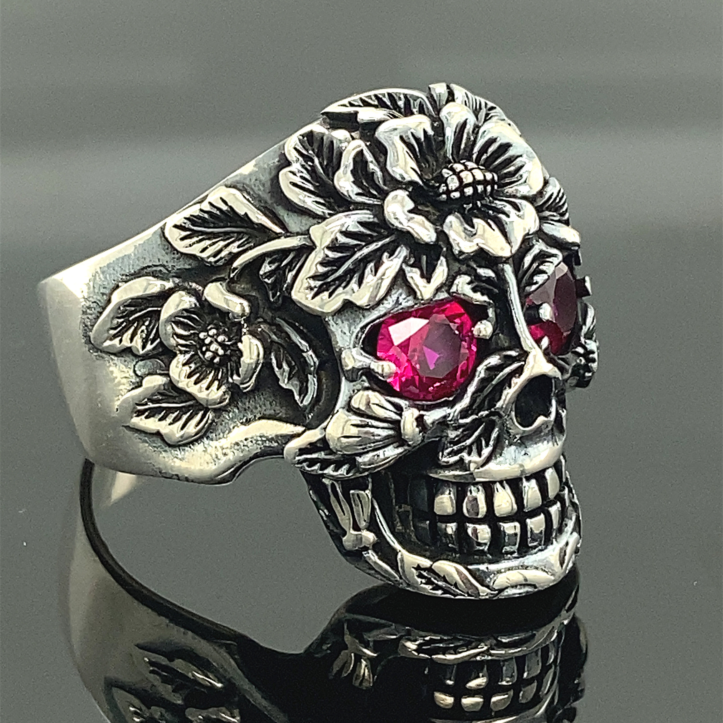 Silver Skull Ring , Flower Skull Ring , Gothic Silver Skull Ring , Biker Style Ring , Unisex Silver Ring , 925k Sterling Silver Ring Silver Skull Ring , Flower Skull Ring , Gothic Silver Skull Ring , Biker Style Ring , Unisex Silver Ring , 925k Sterling Silver Ring