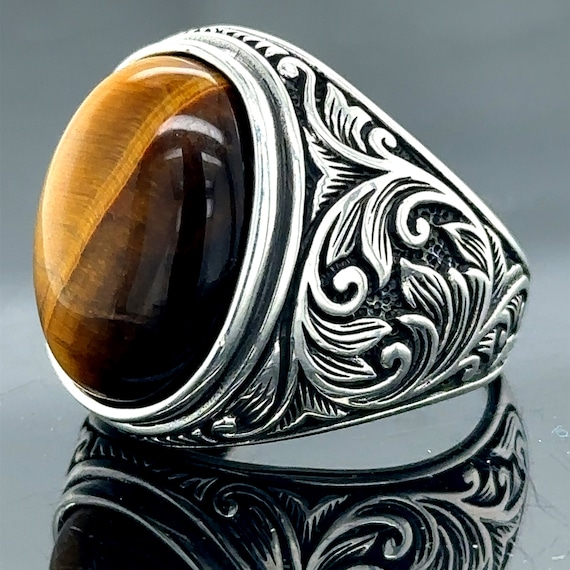 SILVER925 TIGER EYE DESIGN RING/シルバー/リング Men Silver Tiger Eye Ring , Engraved Handmade Men Ring ,tiger Eye