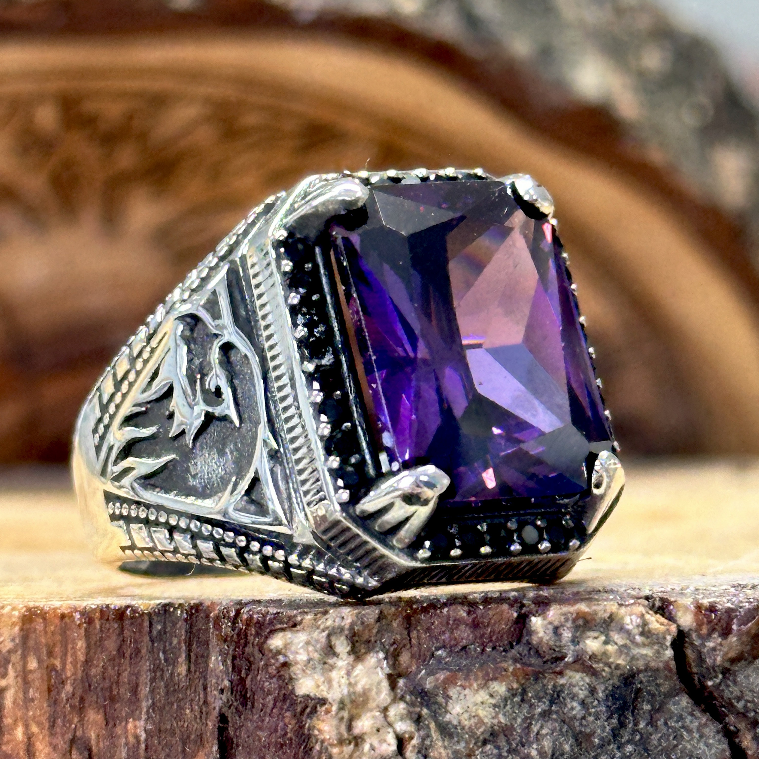 Silver Amethyst Ring , Silver Men Handmade Ring , Eagle Model Ring