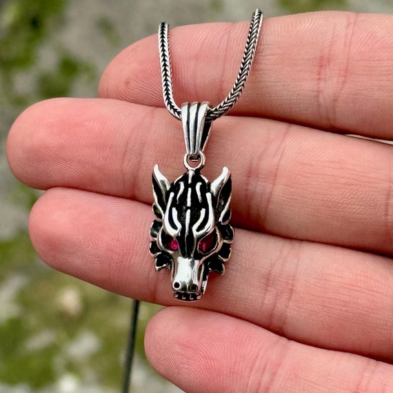 Silver Wolf Head Necklace, Ruby Eyes Wold Head Pendant, Nordic