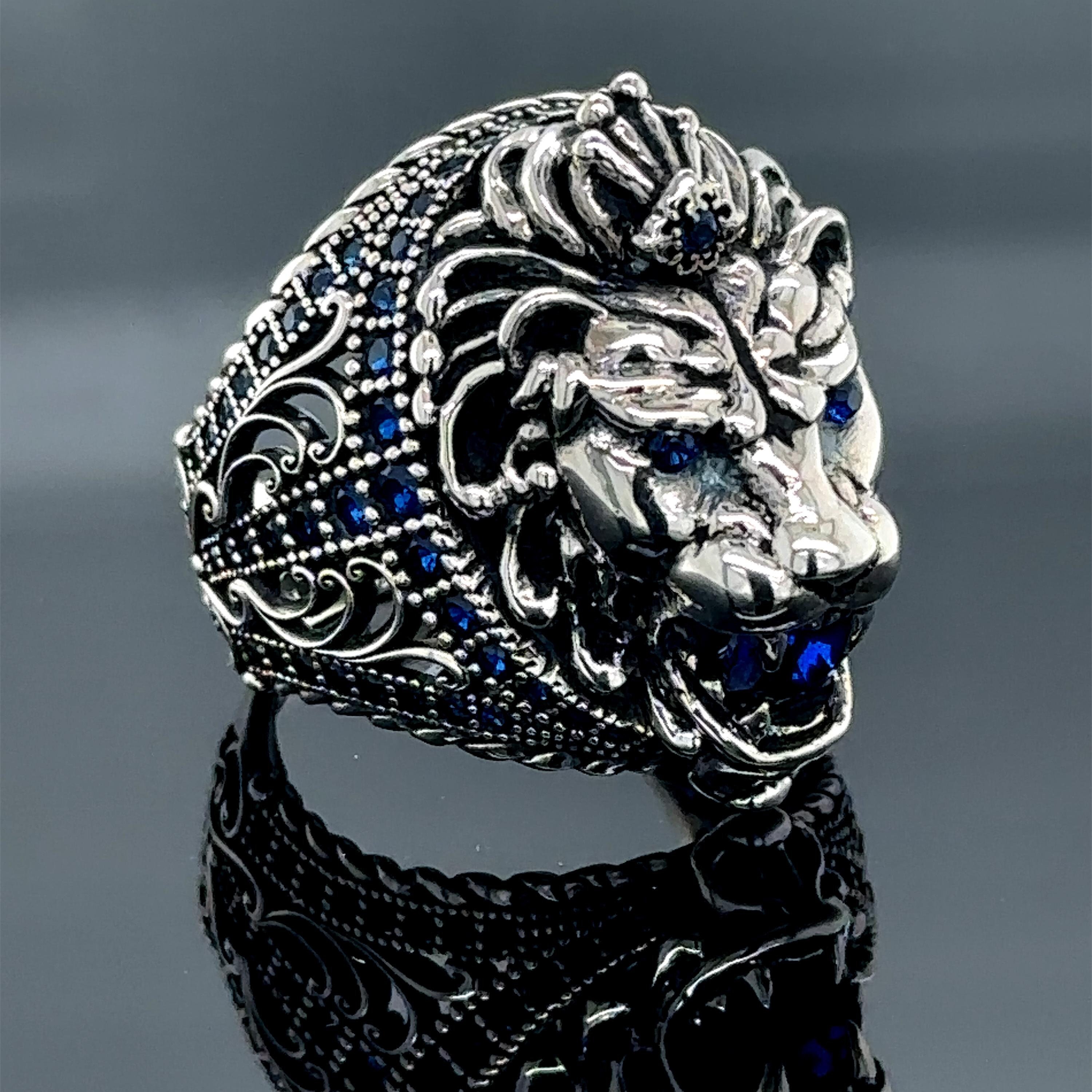 Silver Leon Head Ring, Sapphire Stone Lion Ring, Handmade Wild
