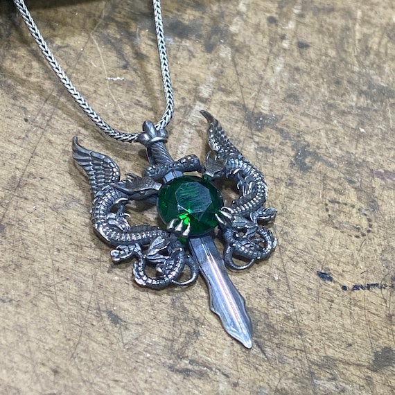 Gothic Sword Dragon Necklace - Vintage Dragon Wrapped Cross Pendant Punk Style For Men