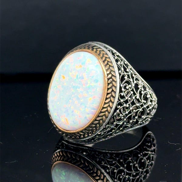 Turkse handgemaakte Opel-ring, heren opaal edelsteenring, witte opaal herenring, handgemaakte ring in Ottomaanse stijl, cadeau voor mannen, opaal sieraden