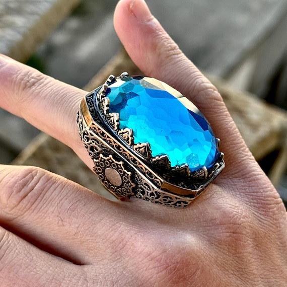 Bague aigue-marine turque faite main, grande bague aigue-marine pour homme,  grande bague en pierres précieuses, bague tendance pour homme, cadeau