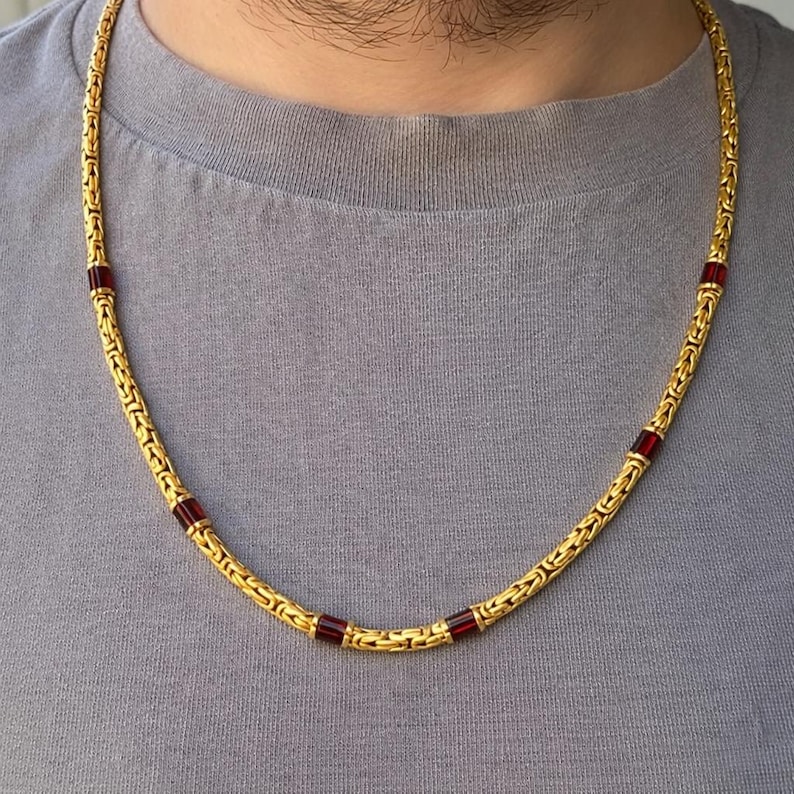 Men Gold Plated Ruby Gemstone Byzantine Chain, Silver Ruby Stone King ...
