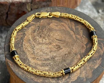 925 Silver Black Onyx King Chain Bracelet, Gold Onyx Byzantine Chain Bracelet, Bali Chain Bracelet, Men Solid Sterling Silver Chain