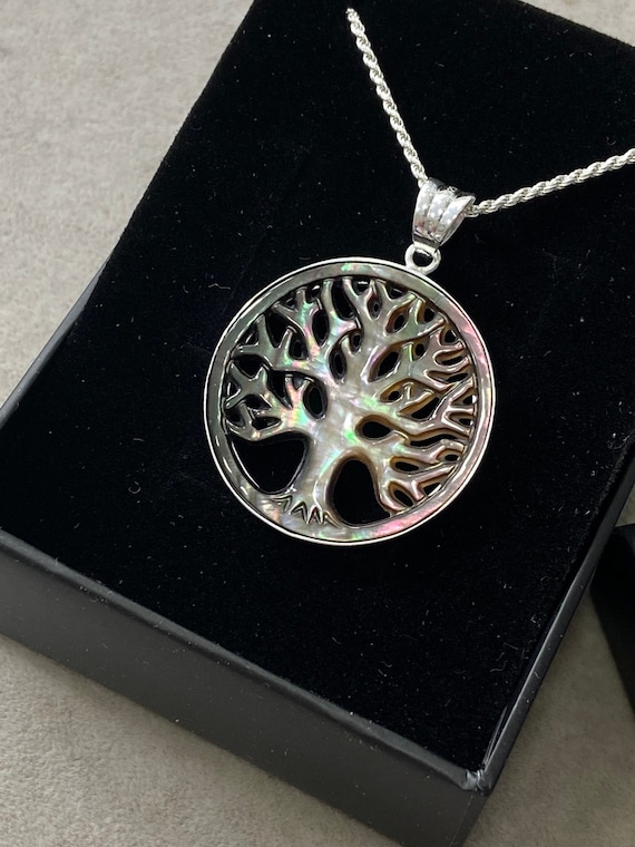 Silver Tree of Life Necklace , Mother of Pearl Pendant , Family
