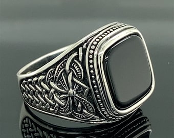 Mannen Black Onyx Signet Ring, trouwring voor mannen, vierkante Onyx Ring, minimalistische Signet Ring, 925k Sterling zilveren ring, cadeau voor hem