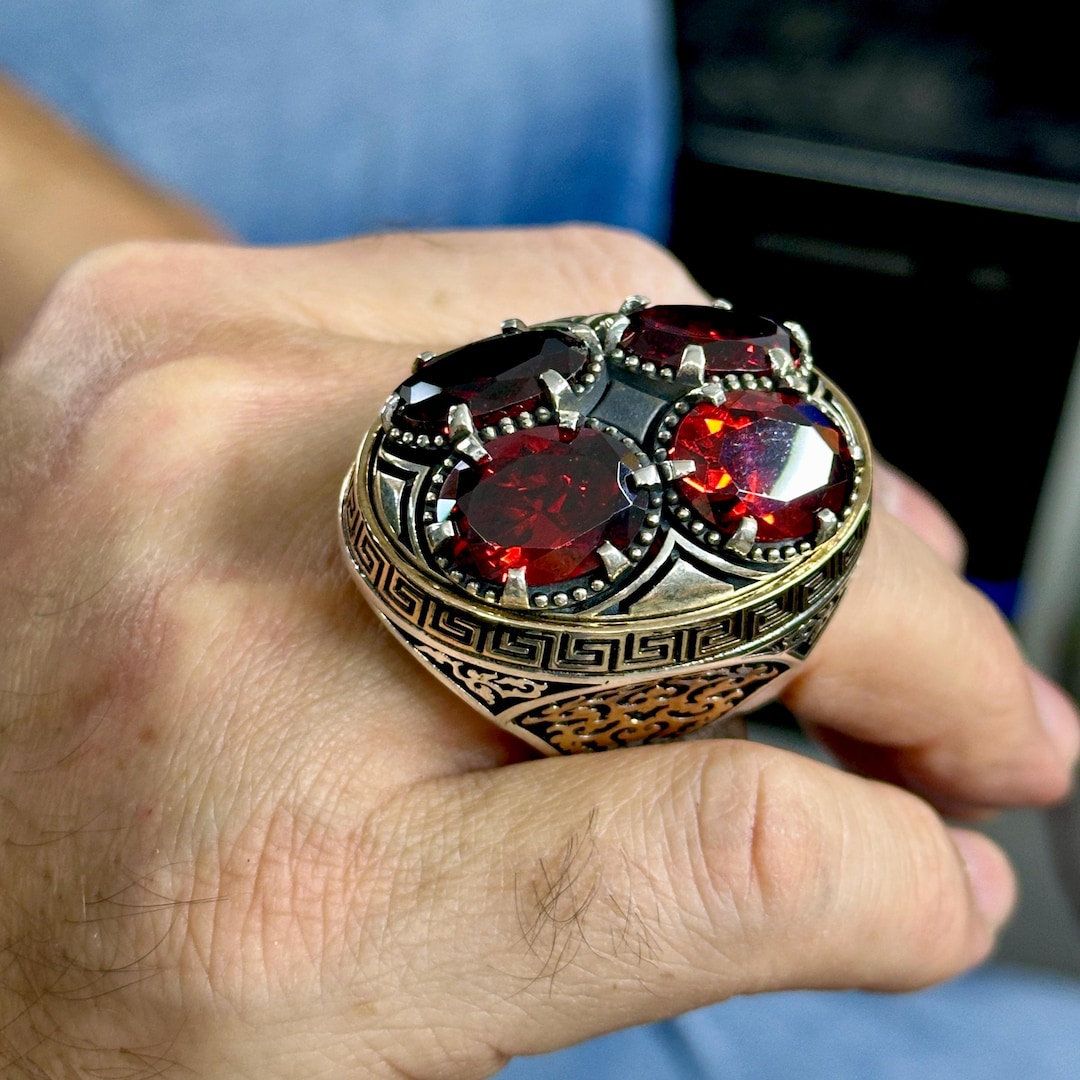 Men Silver Handmade Large Ruby Ring , Ottoman Silver Handmade Large Men ...