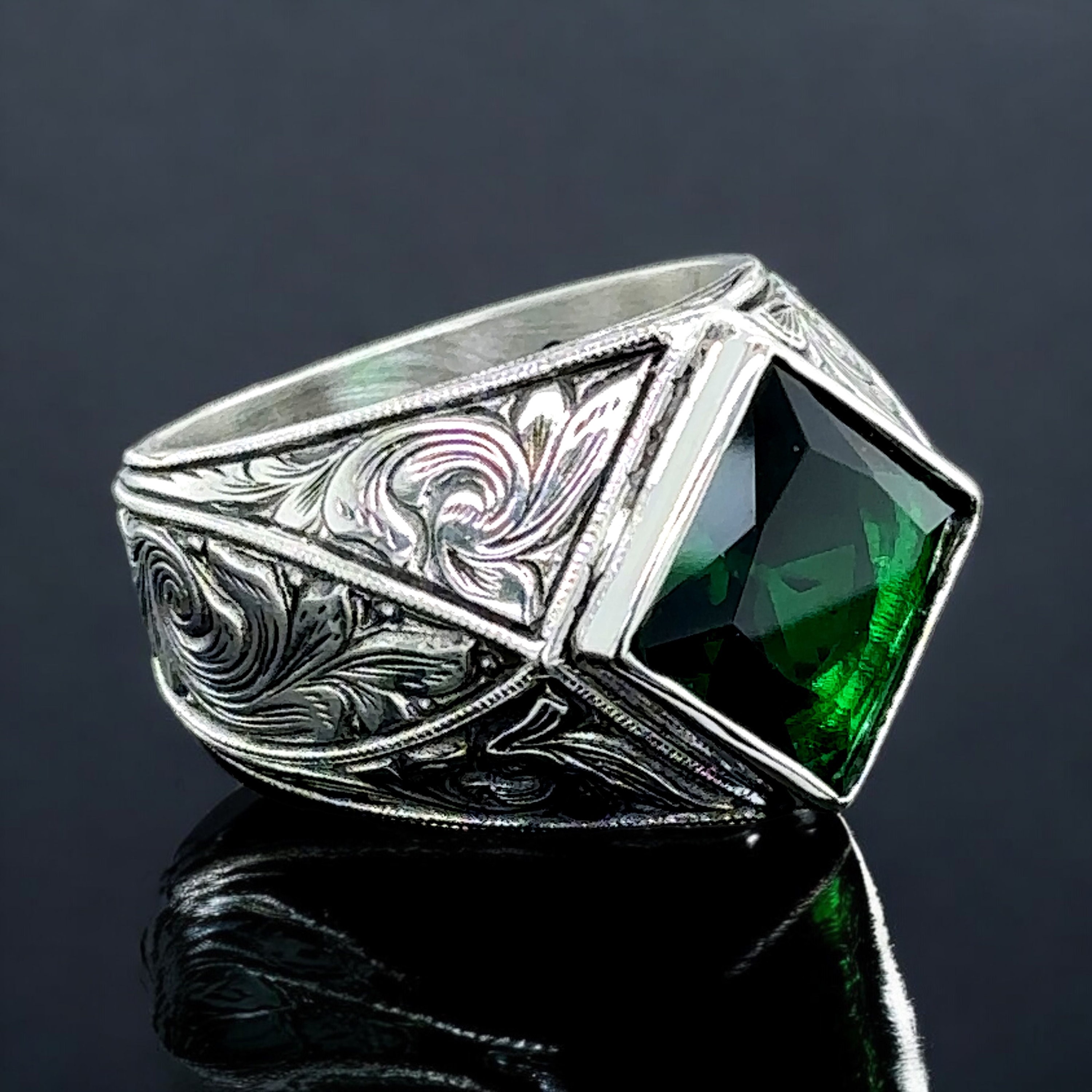 アクセサリー Vintage Silver Mulch Jem Stone Ring 925 Emerald Gemstone Men Ring, Square Cut Green Stone Ring