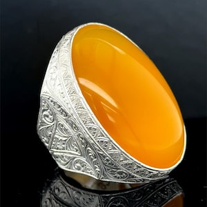 Men Silver Large Agate Ring, Natural Yellow Agate Ring, Turkish Handmade Large Ring, Genuine Agate Ring, Vintage Men Ring, 925 Silver Ring