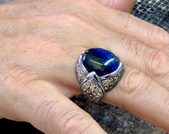 メンズ シルバー ブルー タイガーアイ リング、天然石 メンズ リング