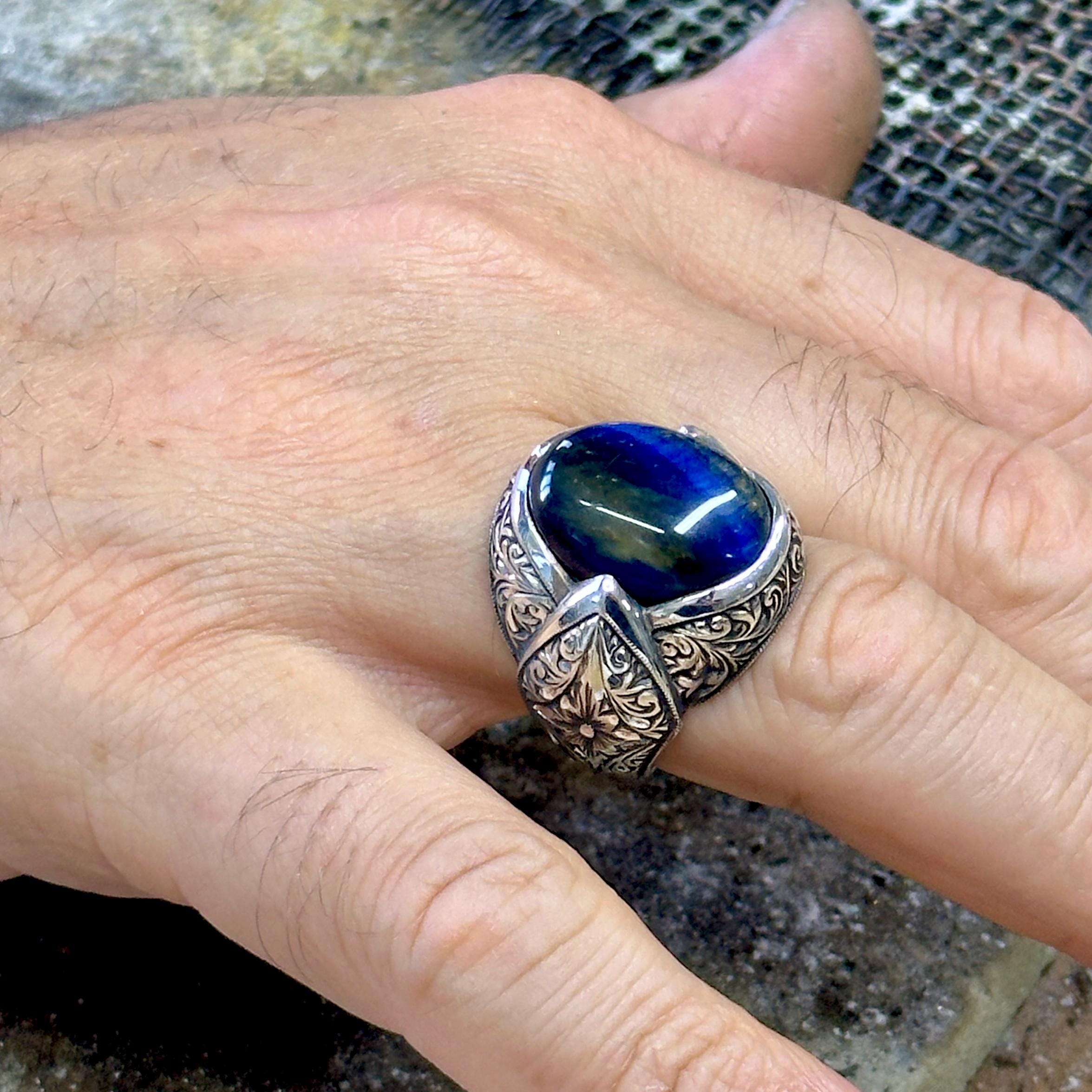 メンズ シルバー ブルー タイガーアイ リング、天然石 メンズ