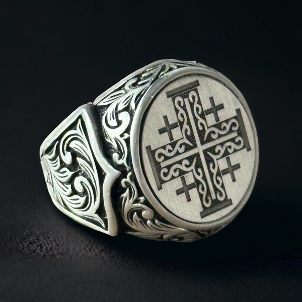 Bague croix de Jérusalem en argent, chevalière religieuse gravée, chevalière croix faite main, bague croix celtique, cadeau pour papa, cadeau pour lui