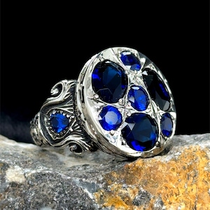 Men Silver Sapphire Ring, Vintage Engraved Blue Gemstone Ring,Multi Sapphire Stone Ring, Handmade Men Ring, Father Day Gift, Gift For Men