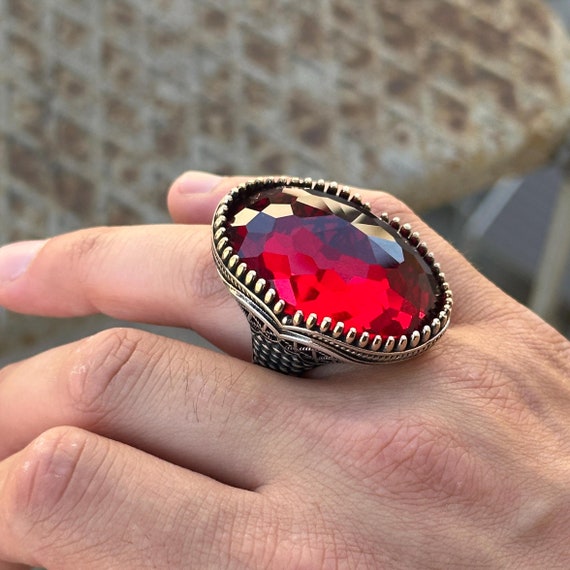 SILVER925 RED STONE DESIGN RING/シルバー/リング Silver Handmade Large Red Zircon Ring , Silver Ruby Stone Ring
