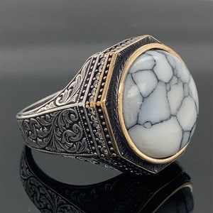 Sterling Silver Ring , Men White Turquoise Stone Ring , Natural Stone ,  Handcrafted Ottoman Men Ring , Turkish handmade , Gift for Him