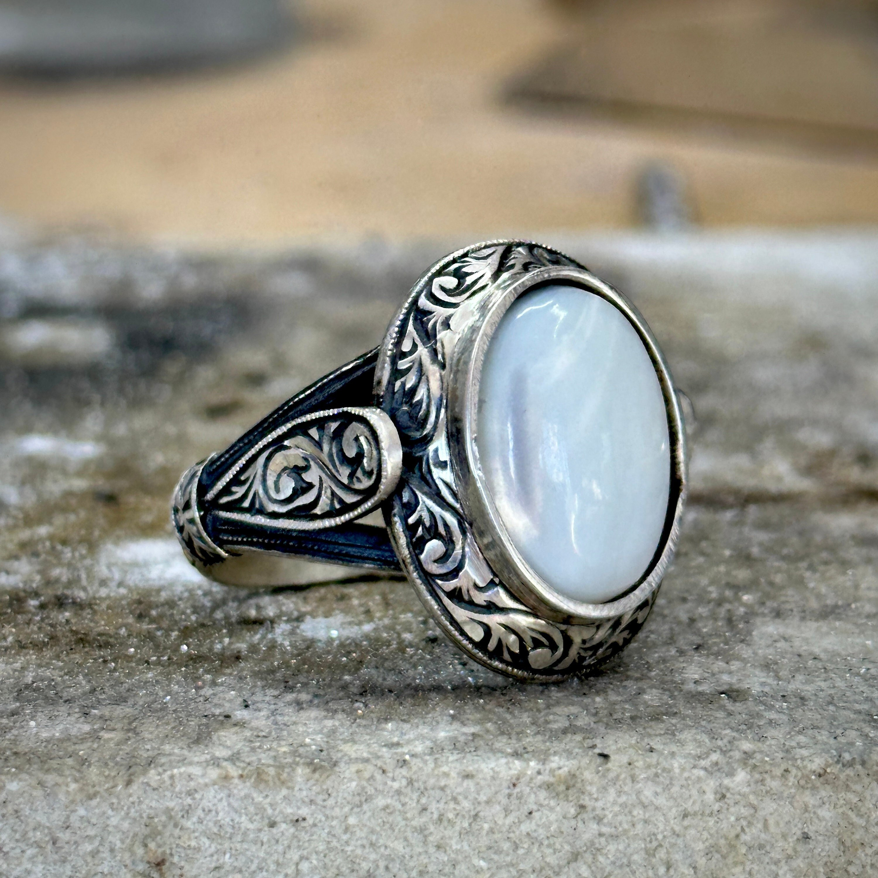 Man Silver Ring , Mother of Pearl Gemstone Ring , Turkish Ottoman