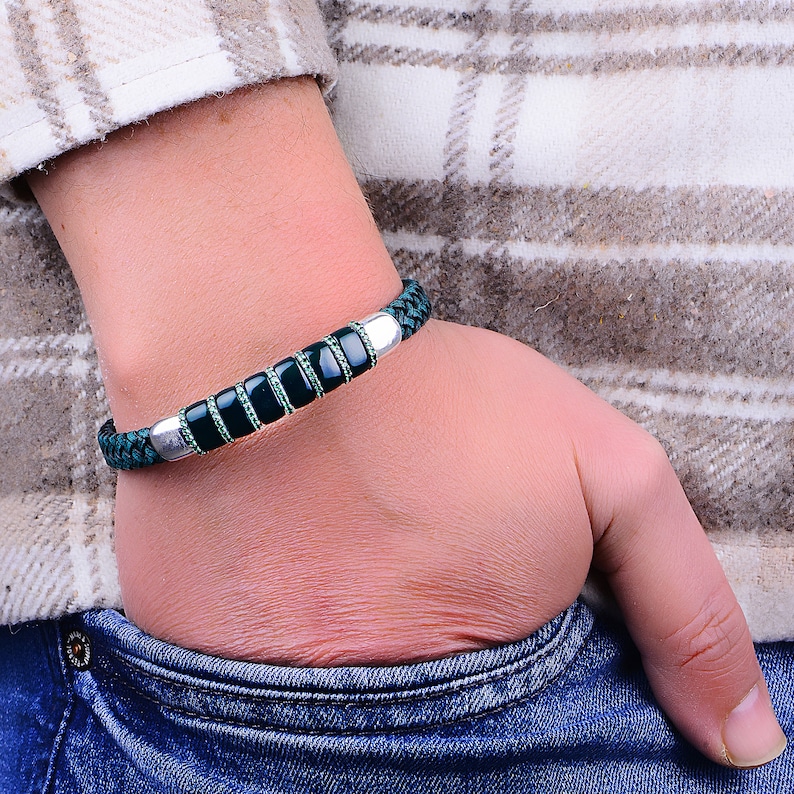Men Leather Bracelet Silver Natural Emerald Stone Bracelet Etsy