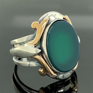Mens Handmade Ring, Green Agate Ring ,Turkish Handmade Silver Men Ring ,Oval Aqeeq Gemstone Ring, 925k Sterling Silver Ring , Gift For Him