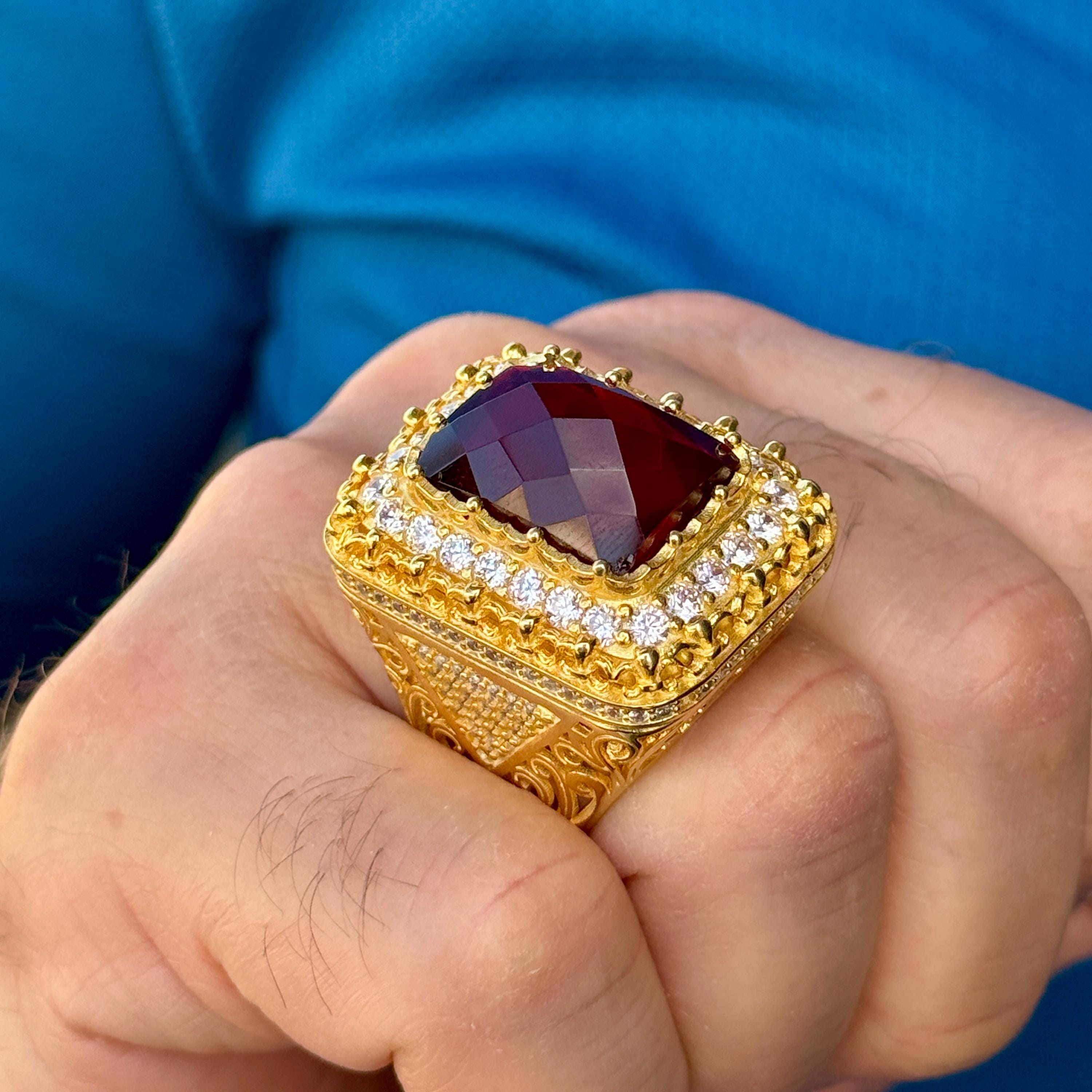 Men Gold Garnet Stone Ring, Large Garnet and Moissanite Ring, Red