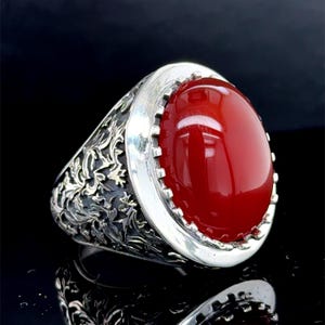 Silver Handmade Carnelian Ring, Red Gemstone Men Ring, Engraved Silver Ring, Floral Pattern Ring, Red Agate Men Ring, 925 Sterling Silver