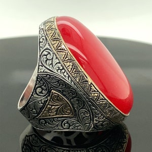 Man Red Jade Stone Ring , Silver Large Stone Ring , Ottoman Style ...