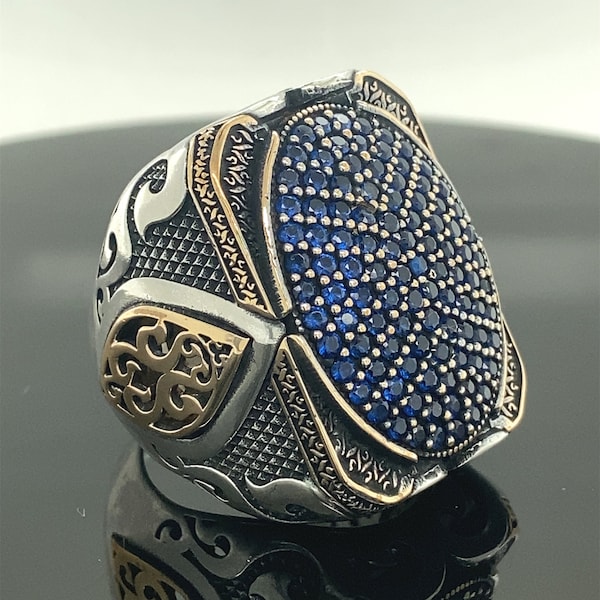 Silver Large Ring , Sapphire Stone Ring , Turkish Handmade Ottoman Style Ring , 925k Sterling Silver Ring , Gift For Him