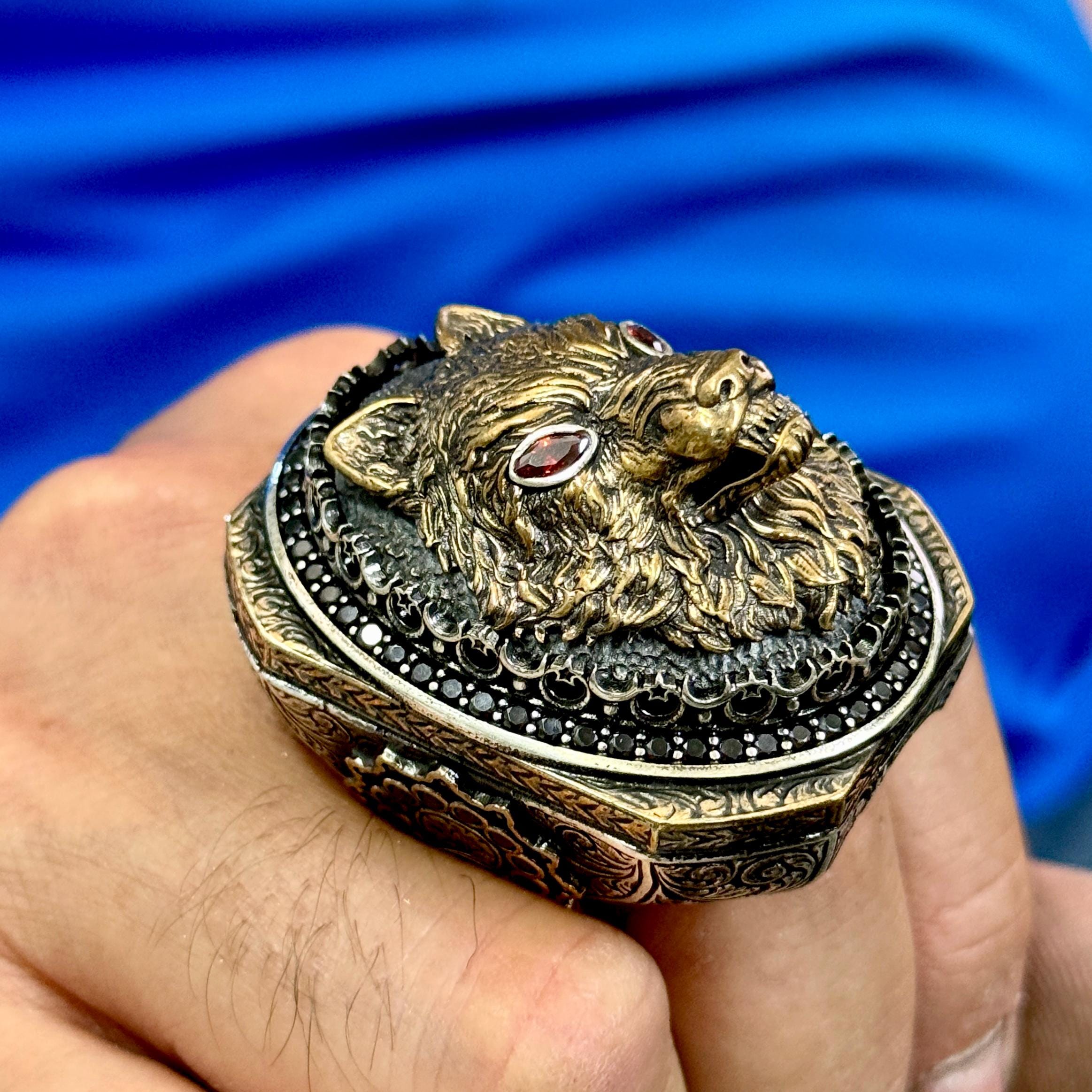 ライオネルRING中 Silver925 925 Silver Large Ruby Eyes Wolf Head Ring, Wolf Signet Men Ring