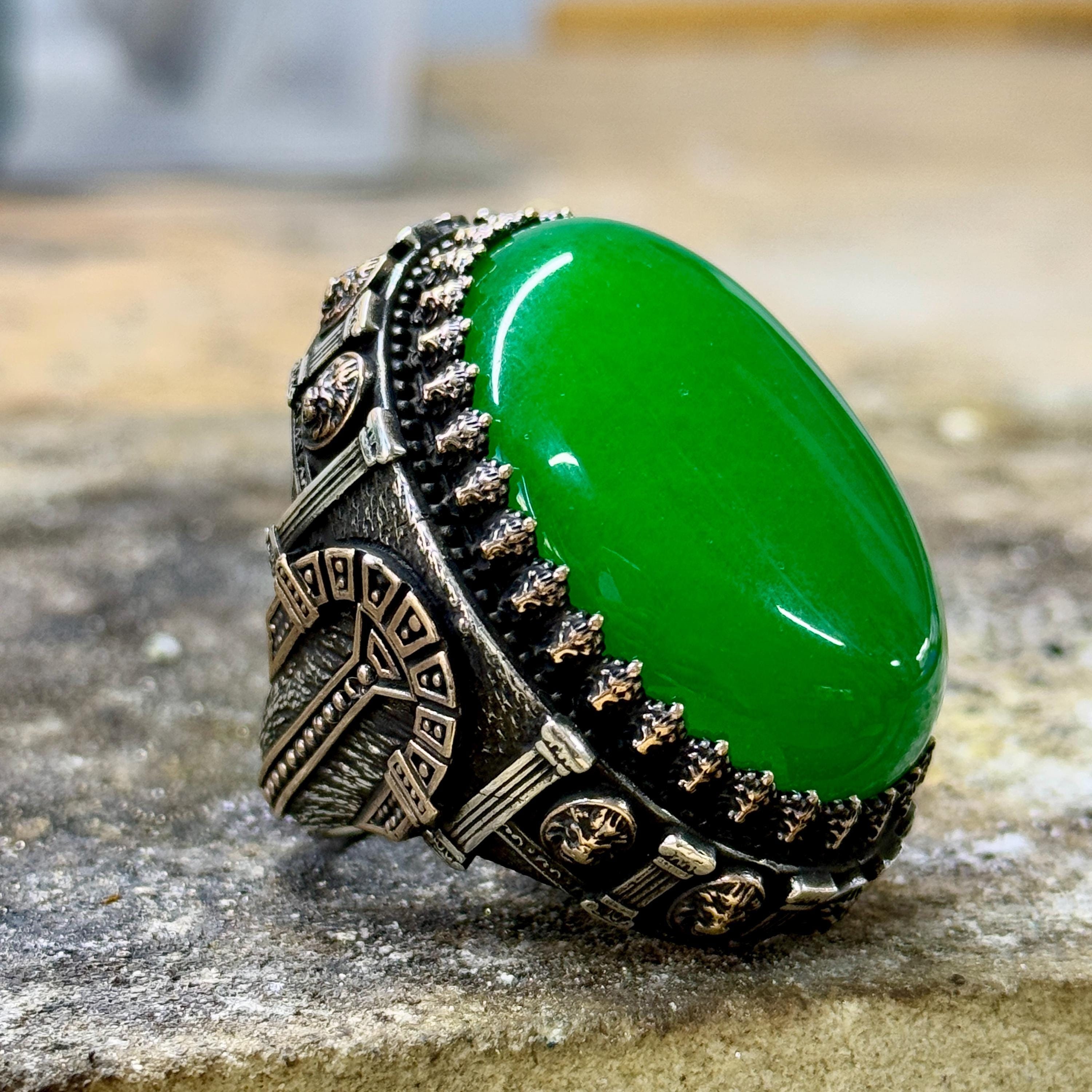 Men Silver Large Jade Stone Ring, Natural Green Jade Ring, Mens