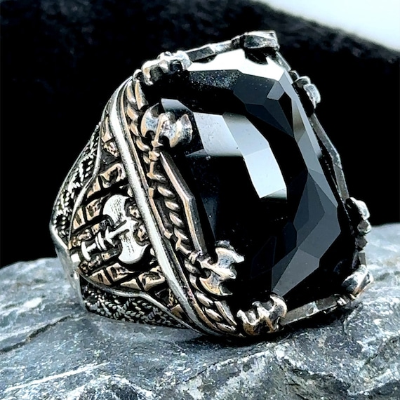 Men Handmade Ring , Men Black Stone Axe Ring , Silver Large Men