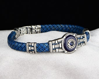 Silver Leather Evil Eye Bracelet , Silver Handmade Bracelet , Blue Sapphire Stone Bracelet , Greek Style Bracelet , 925k Silver Bracelet