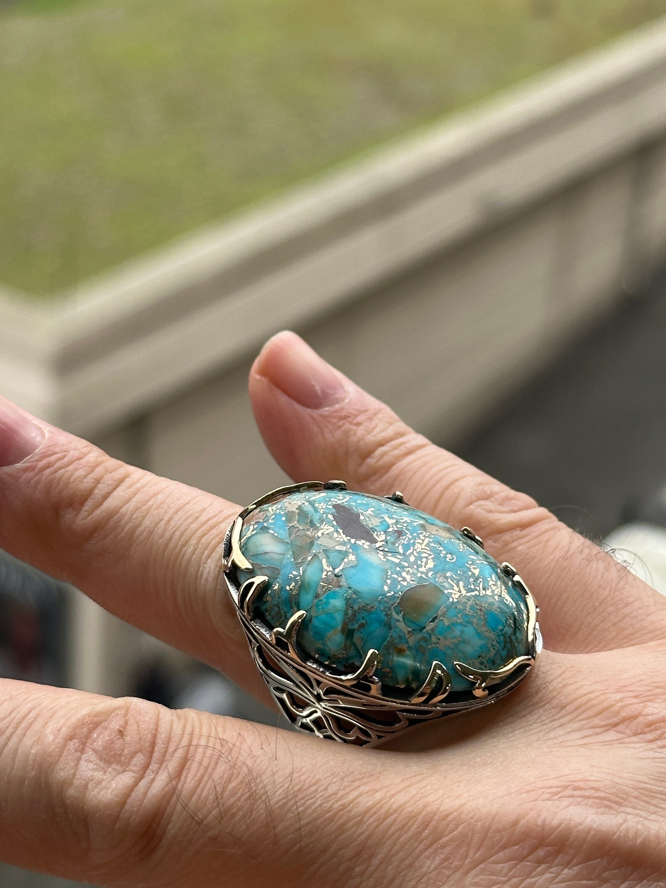 Rectangle Oversized Turquoise Ring Vintage Large Turquoise Ring