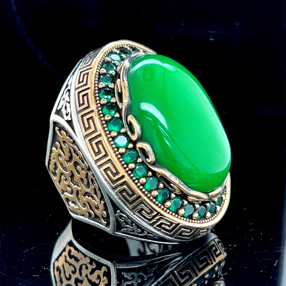 SILVER925 GREEN STONE RING/シルバー/リング Silver Green Jade Stone Ring, Mens Jade Stone Ring, Handmade Green